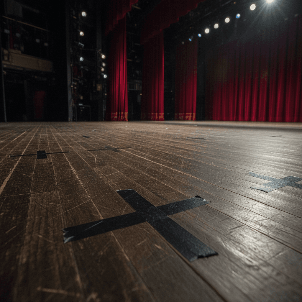 Black gaffer tape spike marks on a wooden theater stage floor with red curtains